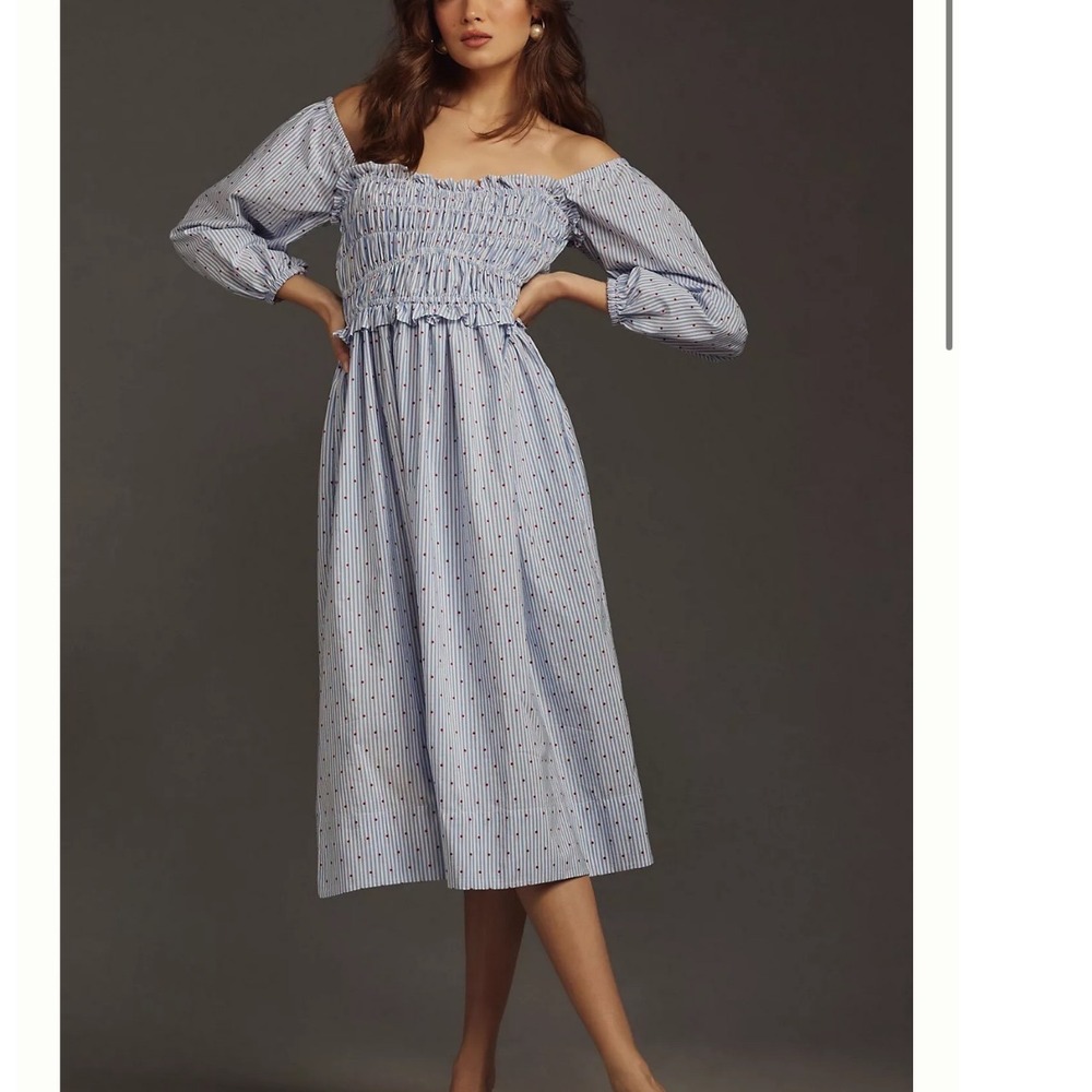 Maeve Smocked Midi‎ Dress Striped Polka Dot Midi Size large